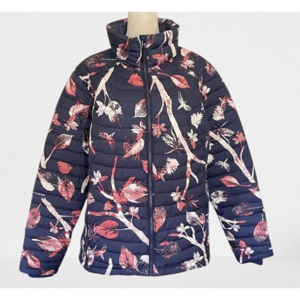 Columbia Woman's White Out ll Omni-Heat Puffer Jacket Navy/Chalk Leaf Print XXL